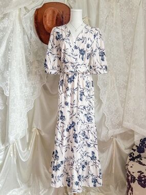 Blue Floral Cottagecore Prairie Coastal Cowgirl Midi Dress